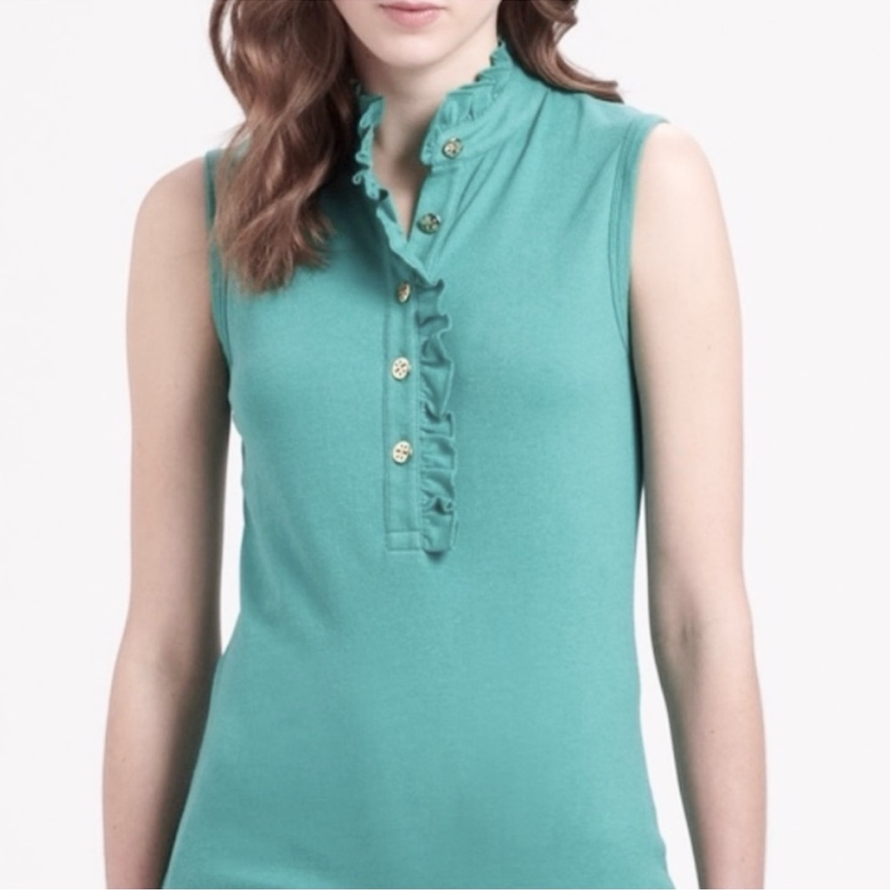 Tory Burch Lidia Turquoise Sleeveless Ruffle Blouse, Logo buttons, Pima Cotton S